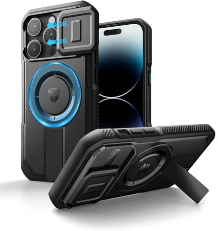 Dexnor Magnetic Case Compatible with iPhone 14 Pro, Shockproof Protective Cover with Slide Camera Cover and Adjustable Kickstand, No Screen Film(Black)