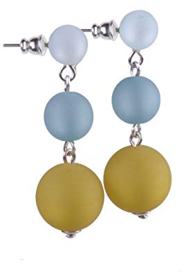 Lange Polaris Ohrringe Mila, Ohrstecker mit 3 original Polarisperlen in verschiedenen Größen,handgefertigt von Adi-Modeschmuck in Berlin (hellblau/taubenblau/senf)