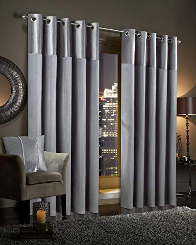 Gran Reno Crushed Velvet Curtains PAIR Faux Silk Fully Lined Eyelet Ring Top Curtains (Silver Grey, 66 Width x 72 Depth)