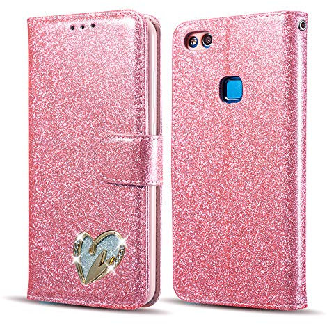 QLTYPRI Hülle für Huawei P30 Pro, Glitzer PU Leder Handyhülle Kartenfach Standfunktion Handschlaufe mit Eingelegten Herz Diamond Flip Schutzhülle Kompatibel mit Huawei P30 Pro - Rosa