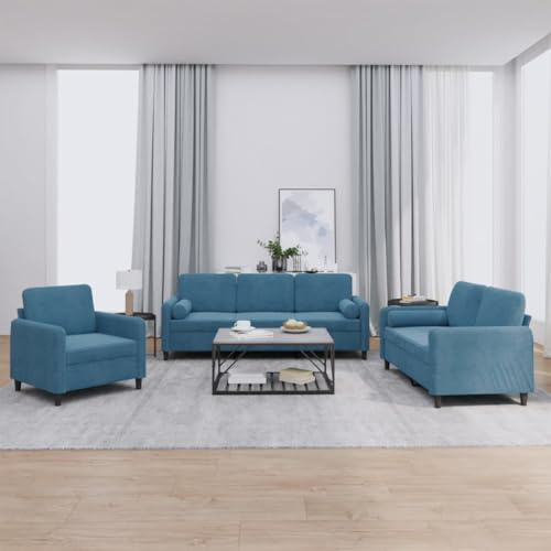 Owoxanthellate 3-TLG. Samt Sofa Garnitur Blau 78x77x80 cm Modernes Design mit Recamiere & Rollkissen Couchgarnitur fürs Wohnzimmer Schlafzimmer Büro
