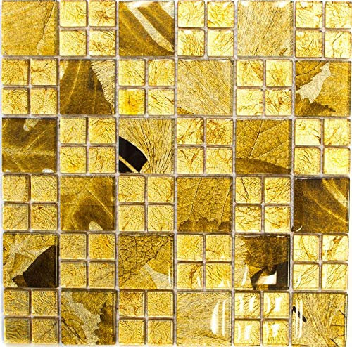Mosaik Fliese Kombination Glasmosaik Crystal gold für WAND BAD DUSCHE KÜCHE FLIESENSPIEGEL THEKENVERKLEIDUNG BADEWANNENVERKLEIDUNG Mosaikmatte Mosaikplatte | 10 Mosaikmatten