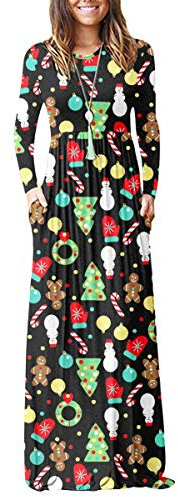 AUSELILY Abito Casual a Maniche Lunghe da Donna Maxi Gonna con Tasca e Lunghezza del Pavimento Guanti dell'albero di Natale S