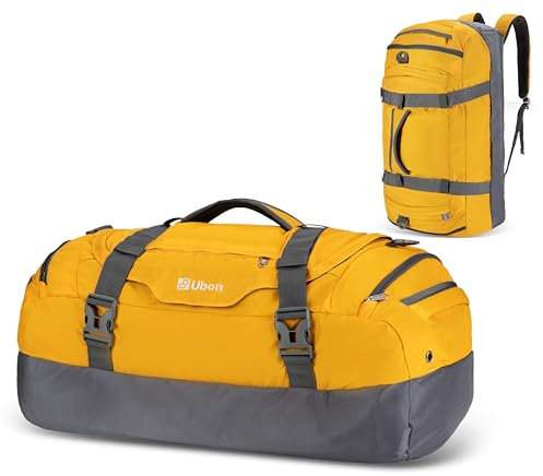 Ubon Large 65L Unisex Duffle Bag Männer und Frauen Weekender Taschen mit Laptop Storage Vented Wäscherei Schuhfach Kompression Riemen Reiseausrüstung für Wandern Camping Strand Ausflüge Gym Gelb 65L