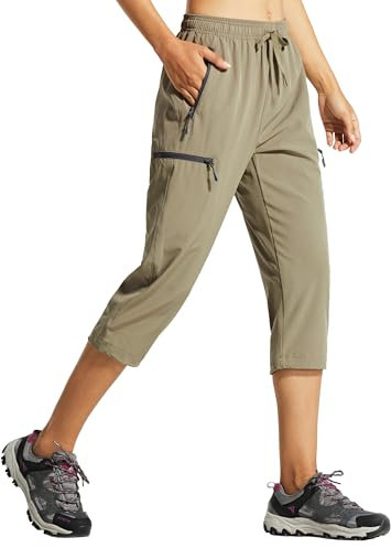 Libin Damen Wanderhose Sommer Leicht Schnell Trocknend Caprihose Trekkinghose Outdoorhose Wasserdicht Winddicht Funktionshose mit Reißverschlusstasche, Khaki, L
