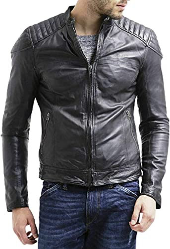 HiFacon Herren Lederjacke aus weichem Lammfell für Biker, Racer, Cafe, Motorrad Gr. XXXL, Schwarz - Kunstleder