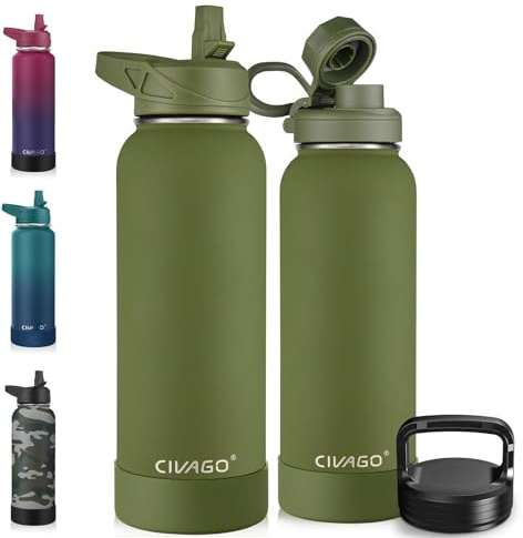 CIVAGO Bouteille d'eau isotherme de 1180 ml avec paille, gourde de sport en acier inoxydable avec 3 couvercles (paille, bec verseur et couvercle à poignée), tasse de cantine thermique de voyage à