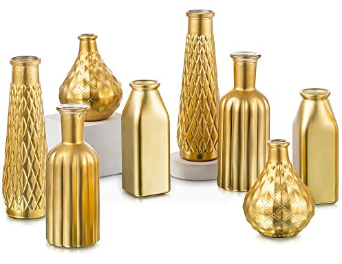 Glasseam Goldene Vase Glas, 8er Vasen Set, Deko Vase Klein, Aesthetic Kleine Vasen für Tischdeko Hochzeit Dekoration, Gold Blumenvase Modern Glasvasen für Weihnachten Geburtstag Tischplatten