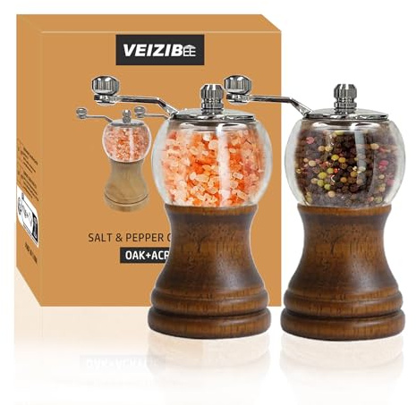 VEIZIBEE Classical Roast Black Manual Pepper Grinder Set & Hand Shake Sea Salt Grinder Mill, Retro Style Wood， Acrylic，Ceramic Blades，Metal Handle, Enjoy Best Fresh Ground Pepper & Spices (2, 5inch)