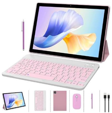 ZZB Tablette 2 en 1 avec étui clavier, souris et stylet, tablette Android 14.0 de 10 pouces, 8 Go de RAM + 64 Go de ROM, écran IPS 10,1, 2 MP + 8 MP, double caméra, WiFi BT Tab Rose/filles