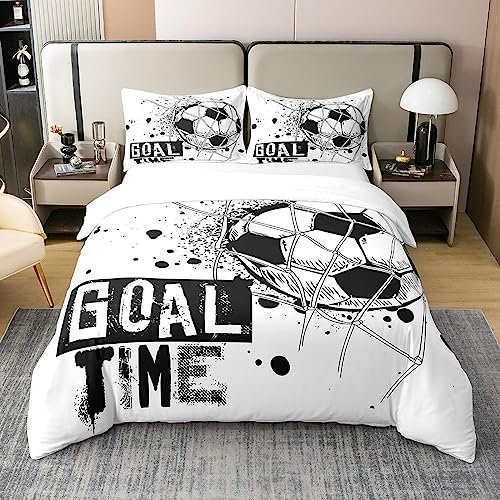 Kinder Fußball 100% Waschte Baumwolle Tröster Abdeckung 155x220 Fußball Bettwäsche Set Sport Spiele Bettbezug für Jungen Mädchen Kinder Geometrische Polygon Quilt Cover für Schlafzimmer,Schwarz Weiß