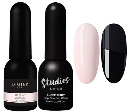 Didier Lab - Base Coat Top Coat UV - Rubber Base Gel Milky Pink - No Wipe Top Coat Gel UV Super Shiny - LED UV Nagellack Set - UV Gel Nagellack - Stärkt Schwache Nägel - Lang anhaltend - Gellack Set