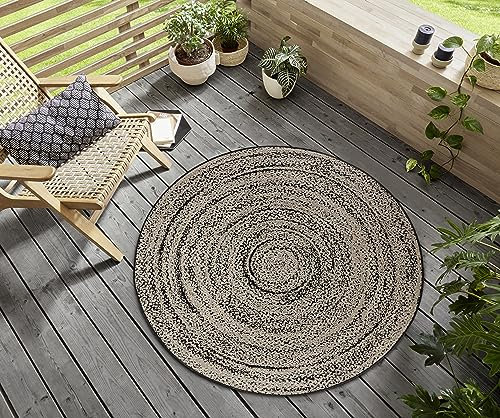Hanse Home Swirl In- und Outdoor Teppich Rund – Runder Outdoorteppich Meliert Wetterfest & Wasserfest Flachgewebe Außenteppich für Wohnzimmer, Flur, Terrasse, Garten, Balkon – Creme Schwarz