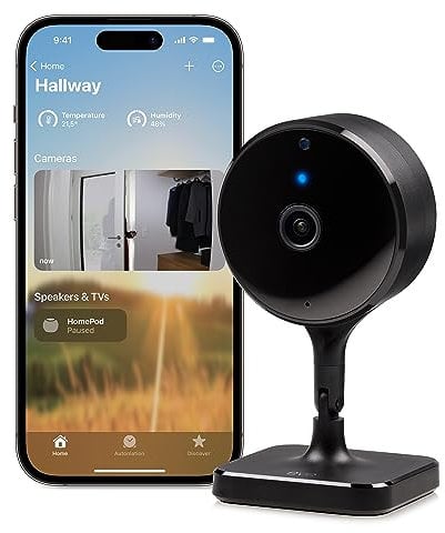 Eve Cam, cámara inteligente para interior, resolución 1080p, Wi-Fi, privacidad total, HomeKit Secure Video, notificaciones en iPhone, micrófono y altavoz, visión nocturna, instalación flexible