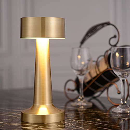 Cordless Table Lamp, Rechargeable Touch Control LED Desk Lamp with 3 Level Warm Brightness Dimming, Metal Eye-Protection Bedside Lamp Reading Light for Bedroom, Restaurant, Indoor Outdoor (Gold C)