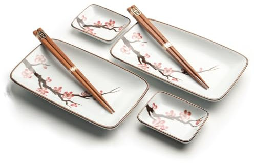 Luxe - Sushiset - Sakura Oriental - 6 Pièces- Ensemble Sushi - 2 Personnes - Vaisselle Japonaise - Inclus - 2 Assiettes à Sushi - 2 bols à sushi - 2 bâtonnets de sushi - Emballé dans une jolie boîte