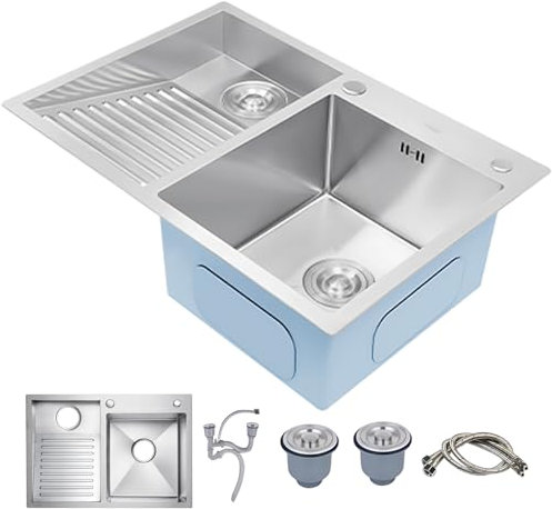 KOOGIMDDR Balcón De Acero Inoxidable Doméstico, Lavabo De Doble Fregadero con Placa De Lavandería Fácil De Limpiar (Color : Left, S : 70x48cm)