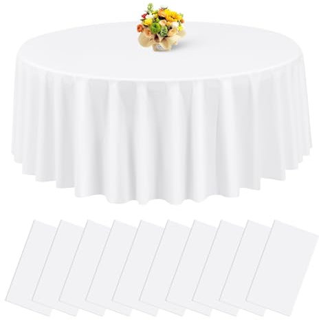 10 Packungen weiße Einweg-runden für runden Tische 213 x 213 cm, Kunststoff-Tischdecken, Tischkleidung für Partys im Freien, Geburtstag, Hochzeit, Grillabende, Brautpartys, Babypartys