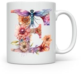MAXIKIWI - Taza de café o té de cerámica suave y duradera para el hogar u oficina - Perfecta para cualquier ocasión - Alfabeto de flores de libélula - 350ml