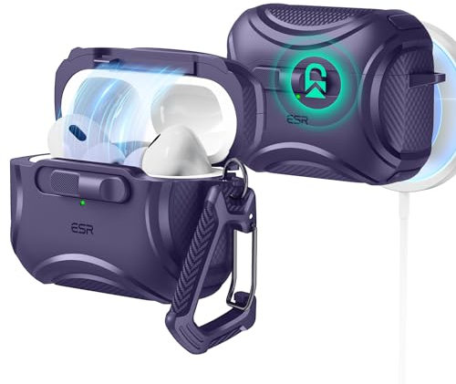 ESR für AirPods Pro 2 Hülle, kompatibel mit AirPods Pro 2./1. Generation (2023/2022/2019), USB-C/Lightning Kabel, MagSafe bereit, sicherer Verschluss, einfaches Öffnen, Cyber-Serie, Lila