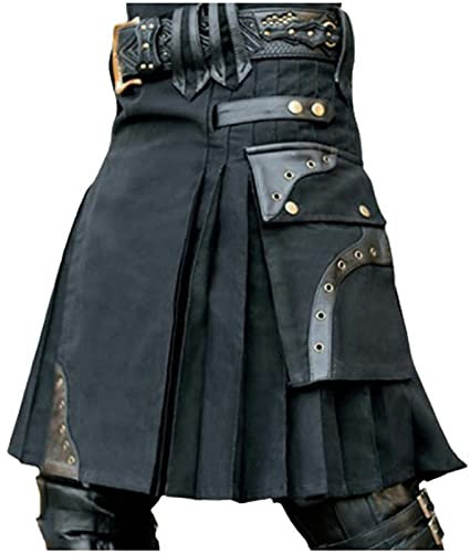 GAENZA Skottish Hybrid Tartan Utility Kilt Schottischer Kilt Herren Klassischer Kariert Kilt Herren Scottish Skirt Sexy Männer Festival Plus Größe Einfach Und Stilvoll Röcke,Schwarz,XXL