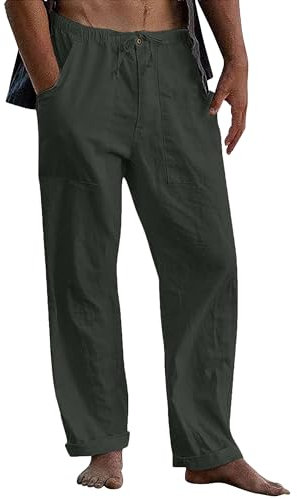 LVCBL Herren Leinenhose Herren Sommer Freizeithose mit Taschen Elastische Taille Dunkelgrau L