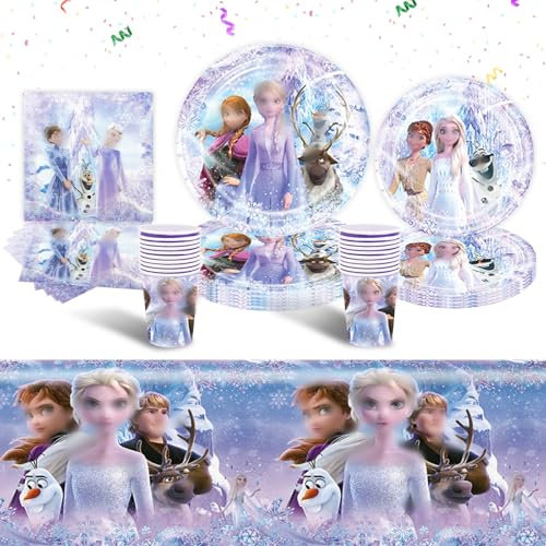 Fro-Zen Party Tableware Set- 51Pcs Els Princess Children's Birthday Party Tableware Decoration Ice Princess Themed Party Supplies Plates Cups Napkins and Tablecloth for Kids Baby Showers Girls
