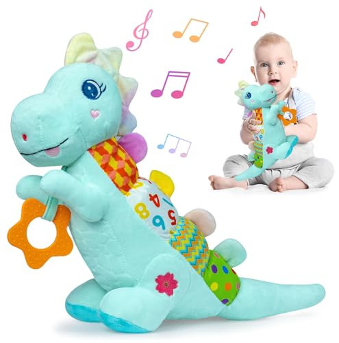 Baby-Dino-Plüsch-Spielzeug für 0–3–6–12+ Monate, Musikspielzeug für Säuglinge mit Rassel, Quietscher, sensorisches Knistern, Beißring und Texturen, Bauchzeit, Spielzeug, Weihnachtsgeschenk, Geschenk