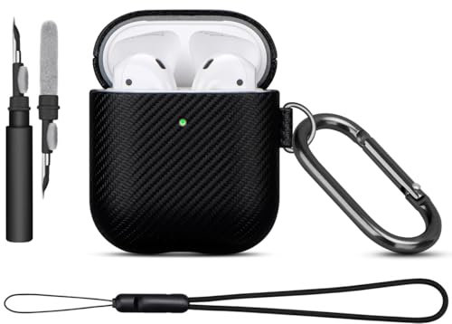 Haobobro [Karbonfaser Textur] AirPods 2 Hülle Case - Premium PU Leder Schutzhülle mit Reinigungsset & Karabiner & Tragebandschlaufe - kompatibel mit AirPods 2. / 1. Generation Kopfhörer - Schwarz