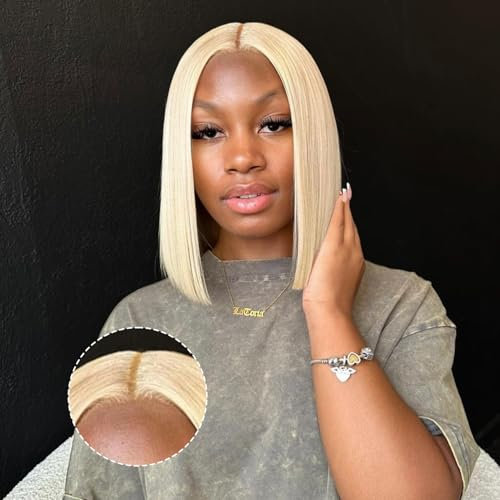 EINbeauty 9x6 Kurze Bob Perücke Human Hair - Wear and Go Glueless Pre Cut Lace für Schwarze Frauen - 200% Dichte Straight (14 Zoll, 613#)