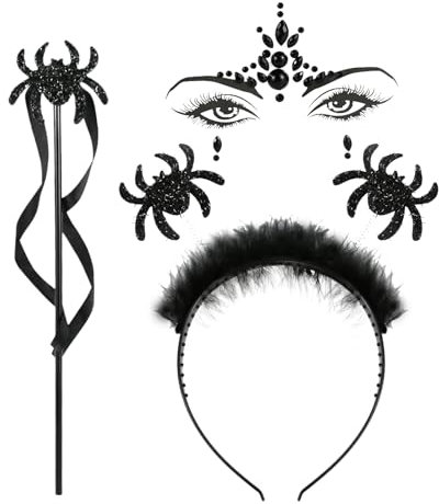 Halloween Spinnen Haarreif,Halloween Haarreifen Accessoires für Damen Herren Kinder,Halloween Spinne Kostüm mit Gesicht Glitzersteine,Zauberstab, halloween Spinnennetz Kostüm,Fasching & Karneval Party