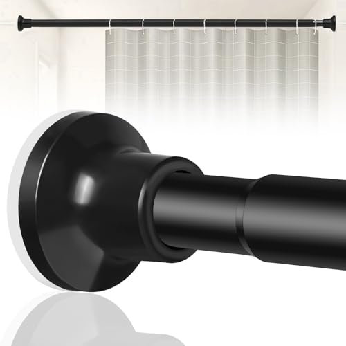 Black Shower Curtain Pole, Extendable Spring Tension Rod 76-132cm, Shower Curtain Rod No Drilling for Windows, Bathroom, Cabinet