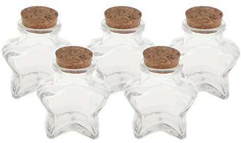 Lot de 5 mini bouteilles en verre avec bouchon en liège – Décoration de mariage et cadeau créatif – Bocaux en verre transparent pour bouteilles à message et plus encore – Forme d'étoile