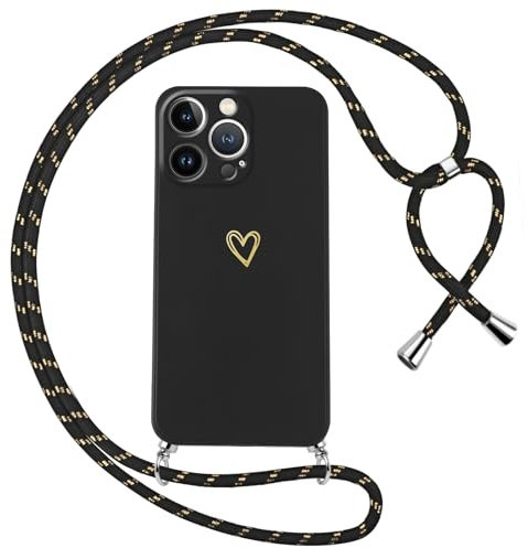 Oelrstfe Handyband für iPhone 13 Pro Hülle mit Band Herz Motiv Handyhülle für zum Umhängen Silikon Stoßfest Ultra Dünn Weich Schutzhülle mit Kordel Necklace Kette Love Muster Case,Schwarz