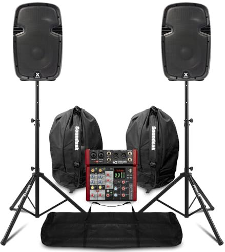 Vonyx SPJ-1000ABT Compact PA System with Bluetooth, 2x 10 Active Speakers, PDM-Y401 Mixer, Stands & Bags for Band Practice, Guitar and Vocal Performances, 400W