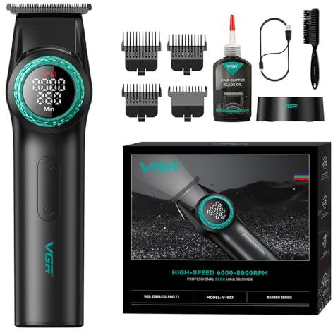 VGR 977 Professioneller Haarschneider für Männer, 8000 U/min T-Blade Trimmer, Kabellose Friseerschneider mit Nullabstand, Wiederaufladbare Kantenfriseure mit LED-Display, Schwarz