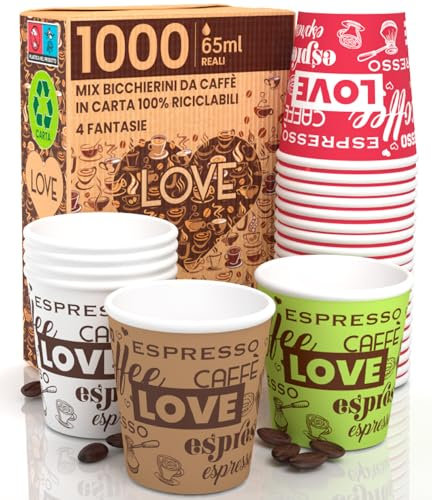 1000 Bicchierini in Carta per Caffè LoveCUP Mix 65ml Bicchieri Monouso Piccoli Ecologici e Biodegradabili per Asporto Bevande Calde
