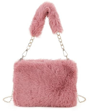 Frauen Kunstfell Tote Bag Elegant Damen Fellimitat Schultertasche Plüsch Kunstpelz Umhängetasche Winter Flauschige Handtasche Furry Purse Tragetasche Arbeitstasche für Arbeit Mädchen Schule Rosa
