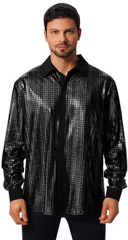 FYMNSI Herren Pailletten Langarm Hemd 70er Disco Party Kost�m Slim Fit Button Down Metallic Gl�nzend Kleid Shirts Nachtclub Top Freizeithemd 80er Jahre Outfit Karneval Fasching Oberteil Schwarz 2XL
