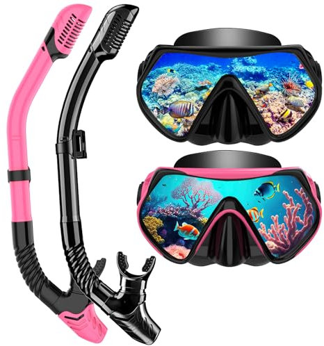 LITTLEJSY Schnorchelset Erwachsene, Schnorcheln Set mit Anti-Fog Taucherbrille und Dry Schnorchel, Professionelle Schnorchelmaske Tauchmaske aus Gehärtetem Glas für Schnorcheln (Black+Pink)