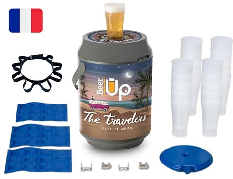 BEER UP PLUS décor Travelers - Tireuse à bières portative - 20 verres + Ceinture porte verres - fûts Beertender - 20h de froid sans électricité - remplissage par le fond des verres