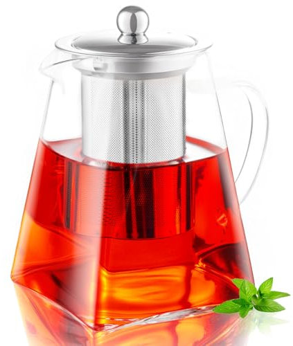 MS WGO Heat-Resistant Borosilicate Glass Teapot with Strainer, Square Shape Infuser Tea Pot 750ml/25.36oz, Handmade Glass Teapot with Infuser