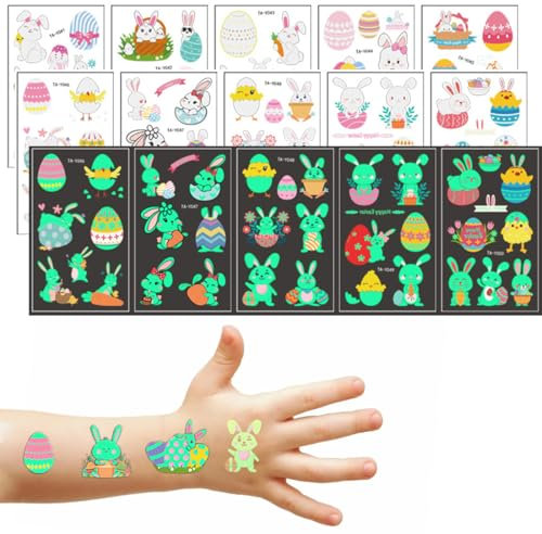 NOPKESV 10 Blätter 70 Stück Leuchtende Ostereier Tattoo Ostergeschenke für Kinder Kindertattoos Ostern Spielzeug Kleine Ostergeschenke für Mädchen und Jungen