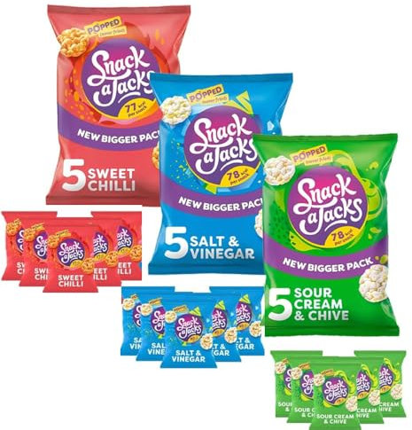 Snackk a Jacck Sweet Chilli,Salt & Vinegar & Sour Cream & Chive Crispy Chips Bags - 3 x Mixed Chips Bags (5 x 19g)