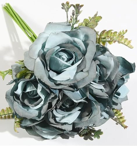 VATTEN HOME Bouquet de fleurs artificielles 28 cm, rose, polyester + polyéthylène + fer, très réaliste et couleur brillante (7 fleurs bleues roses)