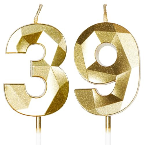 Yiran Gold 39. Geburtstagskerzen, 39. Geburtstagsdekorationen für Frauen und Männlich, 3D-Zahl-39-Kerze für Kuchen, Goldene Kuchendekorationen für Geburtstagsfeiern und Hochzeiten Zubehör
