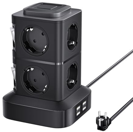 Torre Regletas Enchufes Vertical con 8 Tomas AC y 4 USB Regleta Enchufe Múltiple 3 M Regreltas Vertical con Protección Sobretensión Interruptor Independiente Base Estable para Casa y Oficina