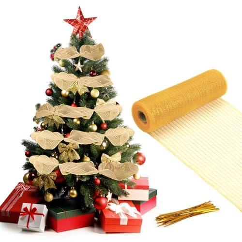 Cinta de malla dorada de 27 cm x 9 m para decoración de árbol de Navidad, decoración navideña, guirnalda de malla para Navidad, estilo americano, para manualidades, corona de puerta, mesa, guirnalda