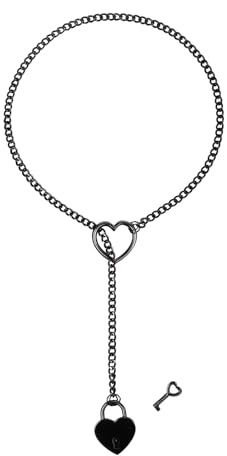 Flongo Heart Lariat Choker for Women: Black Adjustable Lock and Key Pendant Necklace with Stainless Steel Cuban Y Chain - Gothic Punk Jewellery - Love Symbol Necklace - Gift for Her