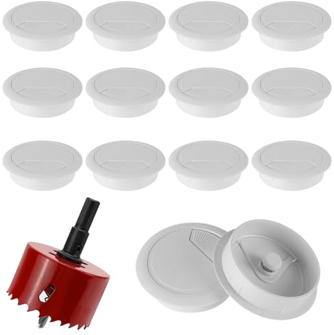 LPZMPZ 12 Stück Kabeldurchführung Schreibtisch Kabeldurchlass Weiß | Ø 60 mm mit 1 Stück Lochsäge 60mm, Tisch Kabeldurchführung für Computertisch, Tisch Büro, Arbeitsplatten, Möbel